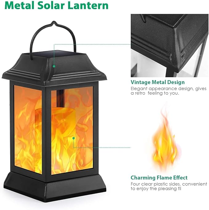 TomCare Solar Lights Metal Flickering Flame Solar Lantern Outdoor Hanging Lanterns Decorative Lighting Heavy Duty Solar Powered Waterproof Umbrella Lighting for Garden Yard Patio Deck, 2 Pack（Black）-Ruum Studio Home