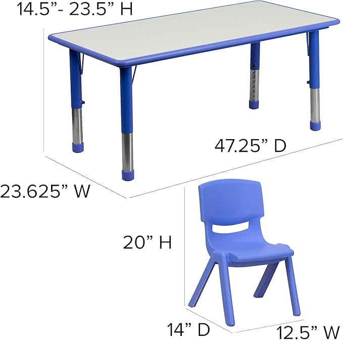 Flash Furniture Emmy Adjustable Classroom Activity Table with 6 Stackable Chairs, Plastic Activity Table for Kids, 23.625" W x 47.25" L, Blue/Gray-Ruum Studio Home