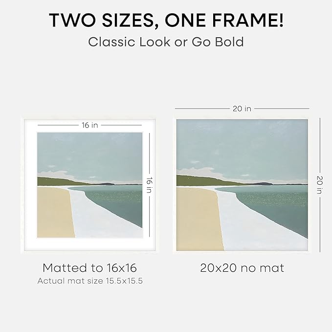 Homeforia 20x20 White Picture Frame, High End Oak 20 x 20 Square Wood Frames with Mat 16 by 16 inches Photo, 20by20 White Wooden Poster Frames Matted to 16x16 Print, Tempered Glass, Wall Kit, Set of 1-Ruum Studio Home
