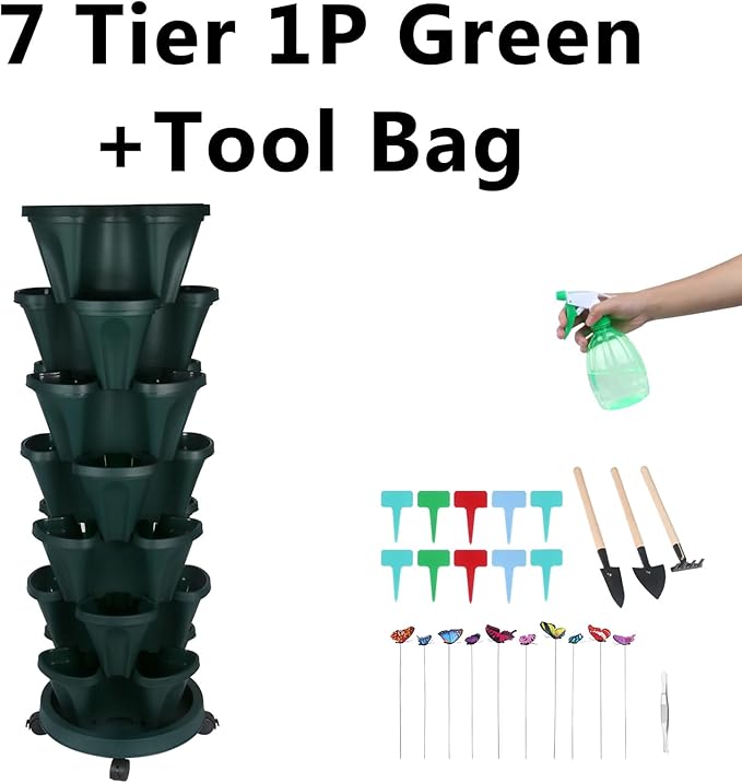 Vertical Planter, 7 Tier Stackable Strawberry Planter with Garden Tool Set, Movable Indoor/Outdoor Garden Herb Pot for Growing Vegetables and Succulents, Green-Ruum Studio Home