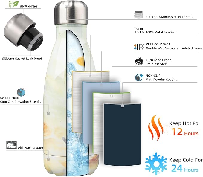 Insulated Water Bottles,12 oz Double Wall Stainless Steel Vacumm Metal Flask for Sports Travel,Marble Jade-Ruum Studio Home