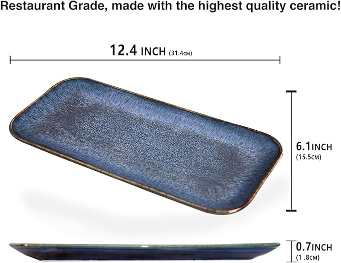 Ceramic Dinner Plates Dish Set,Set of 4, for Lunch snacks - Microwave, Oven & Dishwasher Safe,Scratch Resistant, Dinnerware Kitchen Porcelain Serving Dishes,Blue 12.4 Inch Rectangle plate-Ruum Studio Home