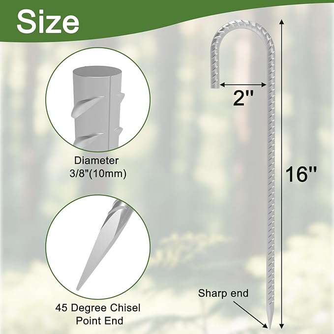 Rebar Stakes 16 inch, 3/8" Diameter Heavy Duty J Hook Stakes 8 Pack, Galvanized Anti-Rust Ground Anchor Long Tent Stakes for Dog Fence Trompoline Swing Set-Ruum Studio Home