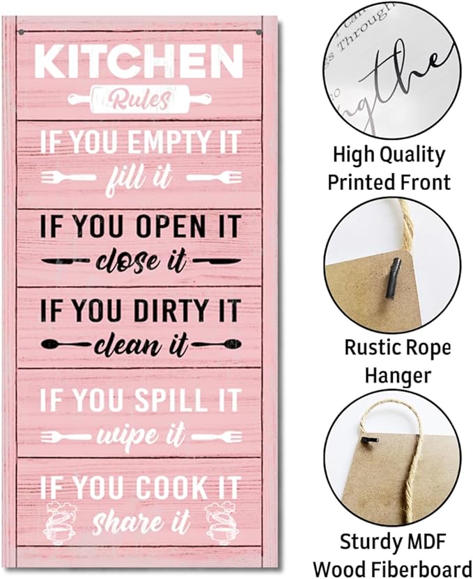 Hanging Kitchen Rules Wood Decor Sign, Rustic Kitchen Wooden Signs, Printed Wood Wall Art Sign, Kitchen Door Rules Rustic Sign, Hanging Wood Sign Kitchen Decor, Funny Farmhouse Kitchen Wall Décor F1-Ruum Studio Home