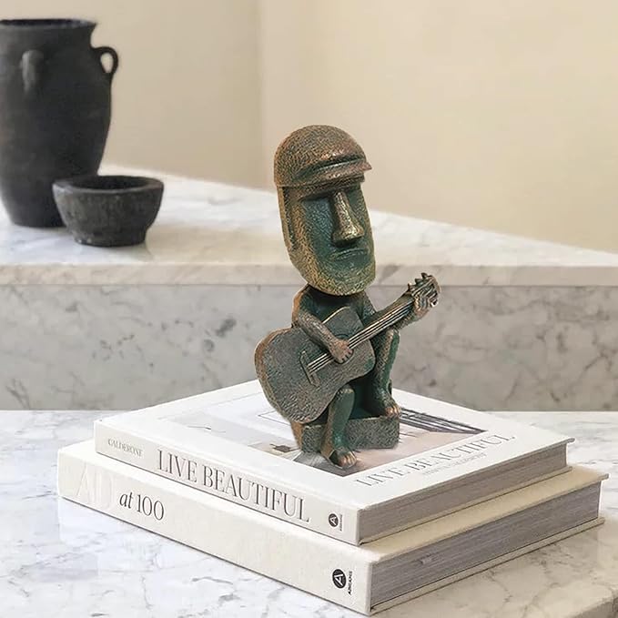 Moai Statue Decor - 6 Inch Easter Island Oranment Resin Stone Decoration for Room Accessories Antique Sculpture for Office Desktop (Play The Guitar)-Ruum Studio Home