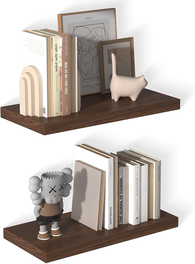 12 Inch Deep Floating Shelves for Wall 2 Pack Floating Shelves Large Storage Space Wall Mount Shelf for Living Room Kitchen Bathroom 24" W x 12" D x 1.2" H Walnut-Ruum Studio Home