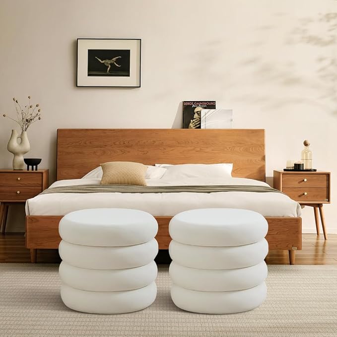 ONEVOG Round Storage Ottoman, 20" Small Ottomans Table with Removable Lid, Velvet Fabric Soft Footrest Stool for Couch, Upholstered Stuffed Circle Seat for Living Room/Bedroom/Dorm/Vanity, Lvory White-Ruum Studio Home