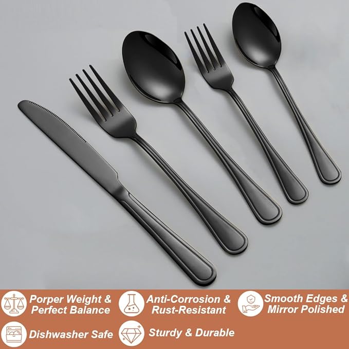 40 Pcs Black Silverware Set for 8 with Simple Striped Handle Design, Food Grade Stainless Steel Flatware Set, Eating Utensils Sets Include Fork/Knife/Spoon, Cutlery Set, Dishwasher Safe-Ruum Studio Home