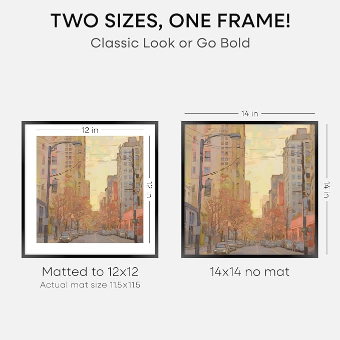 Homeforia 14x14 Picture Frame Black, High End Metal 14 x 14 Square Poster Frames with Mat 12 x 12 Photo, 14x14 Black Frame Matted to 12x12 Print, 14by14 Thin Frames, Tempered Glass, Wall Kit, Set of 1-Ruum Studio Home