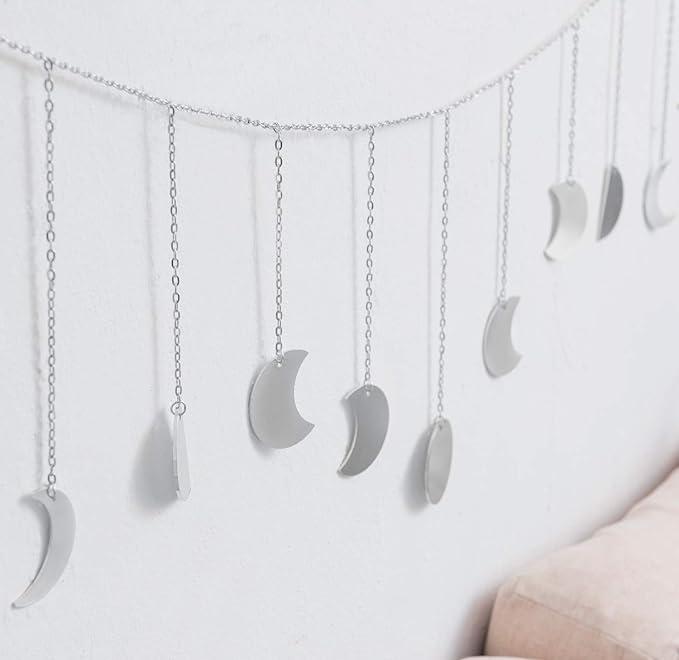 Mkono Moon Phase Wall Hanging Boho Aesthetic Room Decor Metal Moons Garland Hanging Art Bohemian Home Decoration for Girls Room Nursery Bedroom Livingroom Dorm, Ideal, Silver, 55"-Ruum Studio Home