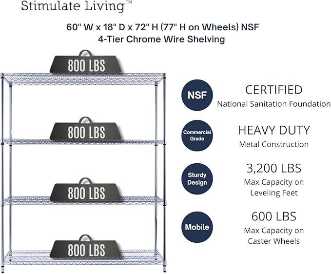 60"x18"x72" Prime Heavy Duty Chrome 4-Tier Wire Shelving NSF 3200 LBS MAX Capacity Storage Rack for Commercial, Hospital, School, Garage, and Kitchen Uses (with Wheels)-Ruum Studio Home