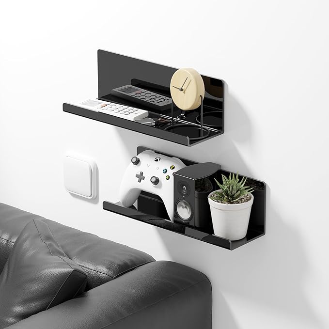 Acrylic Floating Shelves for Wall No Drilling, Self Adhesive Space-Saving Shelves, 12 Inch Floating Shelf Stick on Wall Shelf, for Bathroom, Kitchen, Bedroom, Office, Gaming Room, Black-Ruum Studio Home