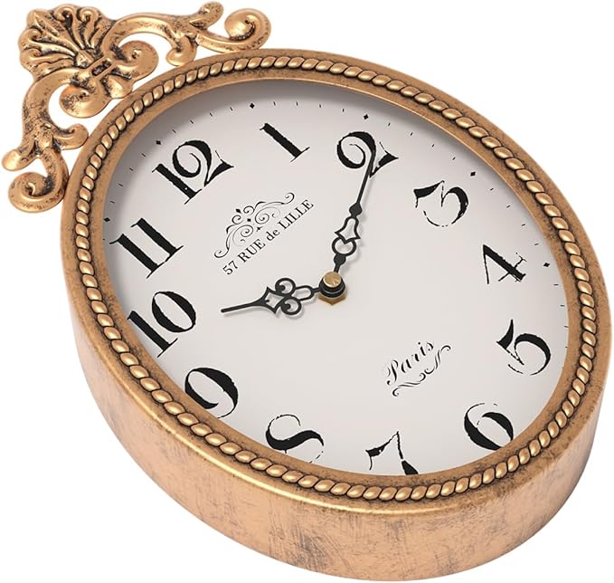 Abdurey Small French Retro Decorative Wall Clock, Antique Gold Vintage Oval Style,Silent Battery Operated Boho Decor Wall Clocks for Farmhouse,Kitchen,Bedroom,Bathroom(10.4" H x 6.7" W)-Ruum Studio Home