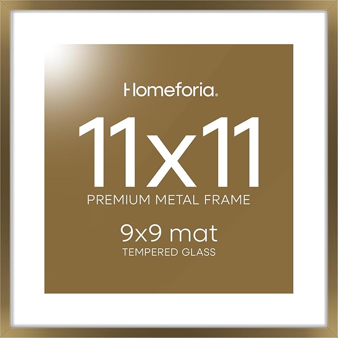 Homeforia 11x11 Picture Frame Brass, High End Metal 11 by 11 Square Bronze Frames with Mat 9 x 9 Photo, 11by11 Poster Frame Matted to 9x9 Print, Wall Hanging Frames, Tempered Glass, Wall Kit, Set of 1-Ruum Studio Home