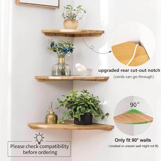 Corner Shelf,16inch Natural Oak Solid Wood Floating Corner Shelves Wall Mount Round End Floating Speaker Rack with Wire Hole for Small Plant for Bedroom Kitchen, Living Room-Ruum Studio Home