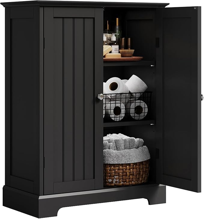ChooChoo Bathroom Floor Cabinet, Modern Bathroom Storage Cabinet with 2 Doors and Adjustable Shelves, Freestanding Cupboard for Living Room, Black-Ruum Studio Home