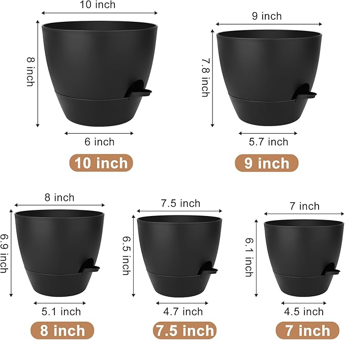 Plant Pots 10/9/8/7.5/7 Inch Self Watering Pots, Set of 5 Plastic Planters with Drainage Holes and Saucers,Plastic Flower Pots,Nursery Planting Pot for Indoor Out Door Plants(All Black)-Ruum Studio Home