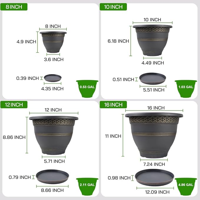 6 Pack 8 Inch Plant Pots, Plastic Flower Pot for Indoor & Outdoor with Drainage Holes & Saucer, Plaid Pattern Planters Garden Pots for Herbs-Ruum Studio Home