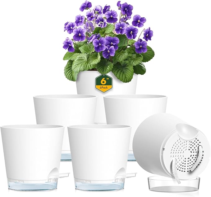 6 inch Self Watering Pots for Indoor Outdoor Plants, 6 Pack Flower Plant Pots with Drainage Holes and Clear Reservoirs, Visible Water Level, Plastic Planters with Wicking Rope, White-Ruum Studio Home
