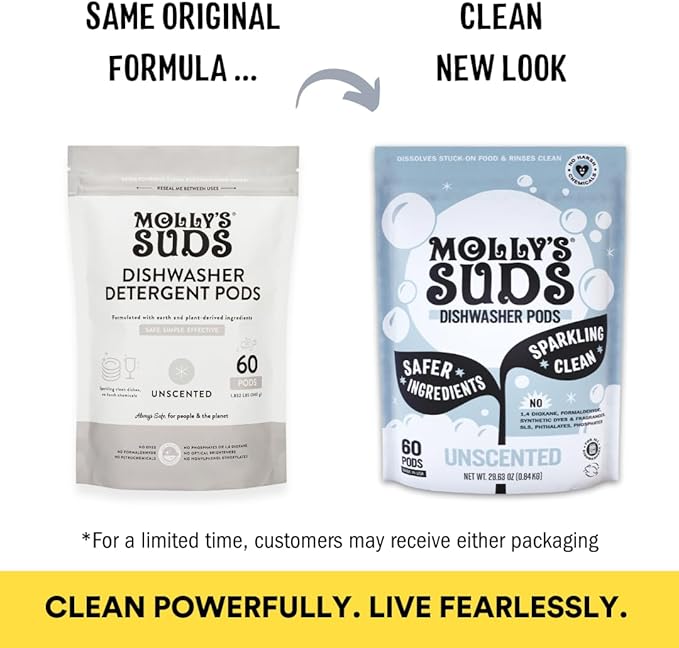 Molly's Suds Dishwasher Pods | Clean Dishwasher Detergent, Cuts Grease & Rinses Clean (Residue-Free) for Sparkling Dishes | 60 Auto-Release Tabs (Unscented)-Ruum Studio Home