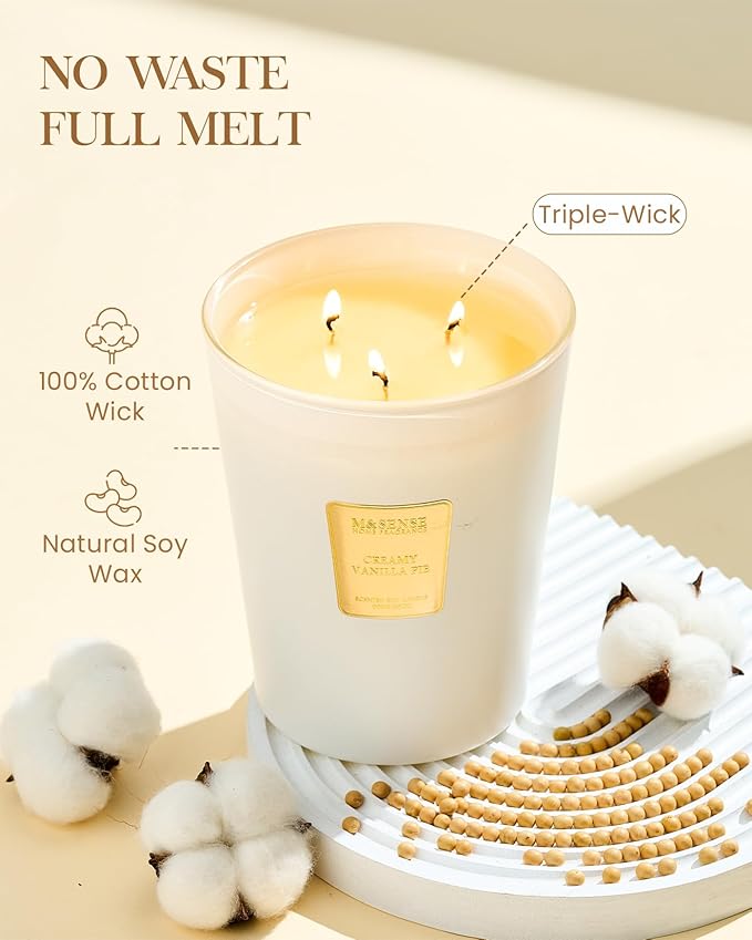 M&SENSE Extra Large Candle Creamy Vanilla Scented, 3-Wick 35oz 150H Long Lasting, Natural Soy Wax Aromatherapy Candle for Stress Relief, Home Fragrance Housewarming Gifts Candle for Home Decor-Ruum Studio Home