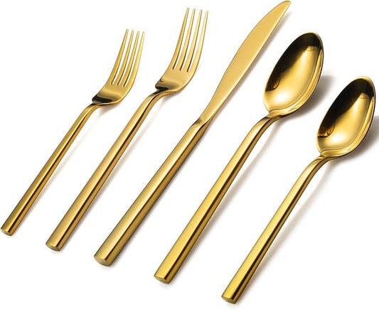Alata Cube Gold 20-Piece Flatware Set, Forged Cutlery Set, Mirror Finish Silverware Service for 4, Stainless Steel Tableware with Square Handle for Home/Restaurant, Dishwasher Safe-Ruum Studio Home