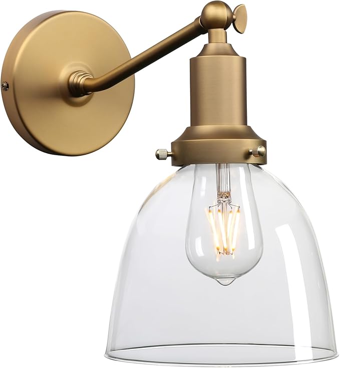 PERMO Industrial Vintage Slope Pole Wall Mount Single Sconce with 6.7" Oval Dome Clear Glass Shade Wall Sconce Light Fixture (Antique Gold)-Ruum Studio Home