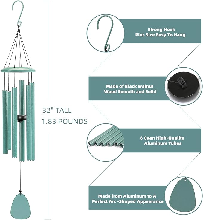 Wind-Chimes-Outdoor-Deep-Tone, Large Soothing Melodic Tones Windchimes, Wind Chimes for Outside, Memorial Wind Chime Best Gift for Mom Women Grandma Neighbors(32" Cyan Coated Aluminum)-Ruum Studio Home