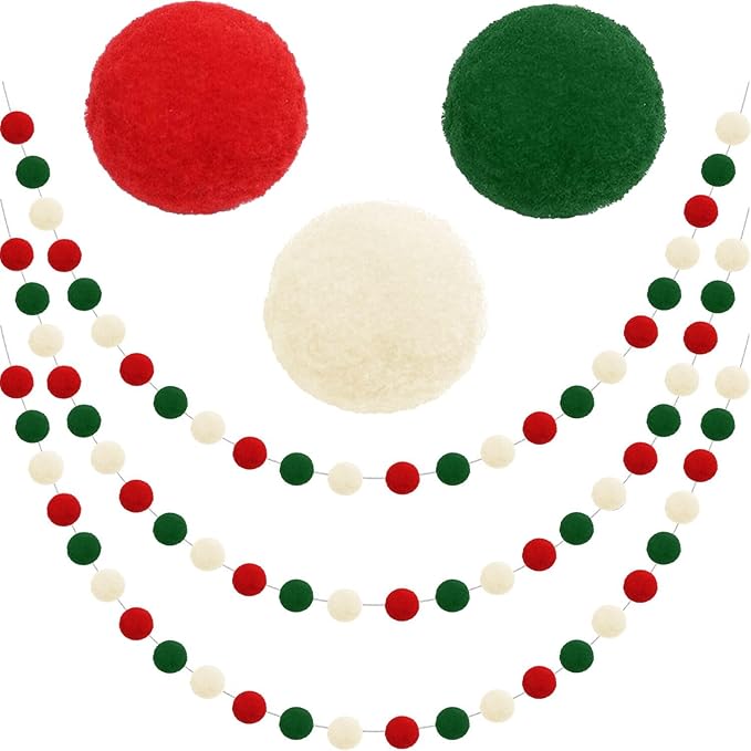 Jishi Christmas Pom Pom Garland Christmas Decorations for Tree Indoor Home Room Decor 3pk Cute Hanging Felt Ball Red White Green Pompom Bead Ornament String Banner Garland Xmas Birthday Party Supplies-Ruum Studio Home