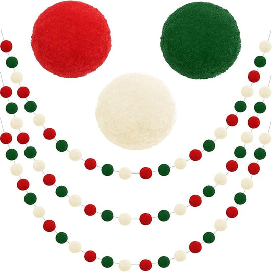 Jishi Christmas Pom Pom Garland Christmas Decorations for Tree Indoor Home Room Decor 3pk Cute Hanging Felt Ball Red White Green Pompom Bead Ornament String Banner Garland Xmas Birthday Party Supplies-Ruum Studio Home