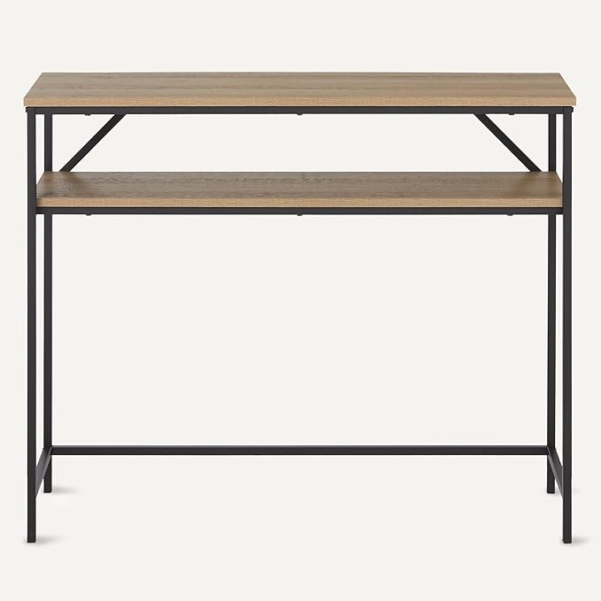 Amazon Basics Rectangular Console Table with Storage Shelf, Steel Frame, 39x31x11.8 in, Oak Finish-Ruum Studio Home