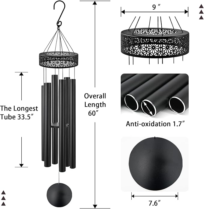 ASTARIN 60'' Deep Tone Wind Chimes for Outside -Extra Large Windchimes with 6 Heavy Tubes, Memorial Wind Chimes Outdoor for Garden Hanging Décor,Sympathy Gifts, Black-Ruum Studio Home