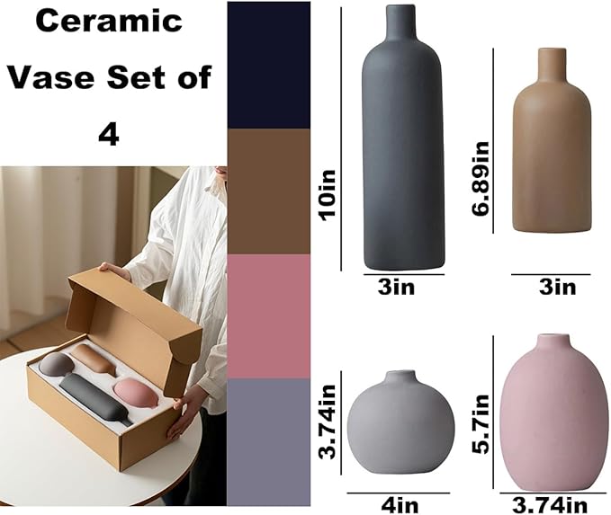 Modern Ceramic Vase Set, Neutral Colors, Decorative Vases for Home Shelf Decor, 4 Piece Collection (Black Mix Set 4)-Ruum Studio Home