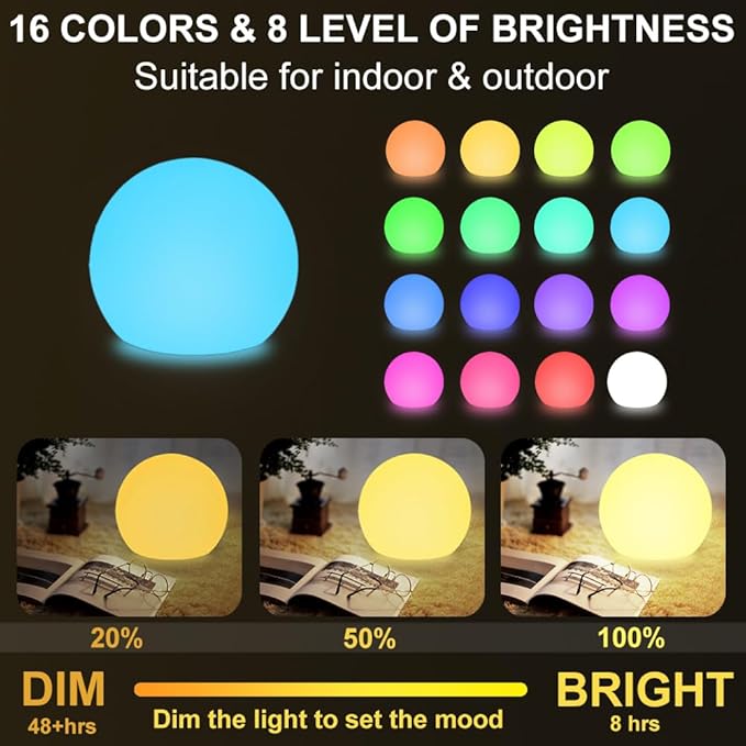 LED Globe Orb Light, 6-in LED Light Ball for Kid, 16 Dimmable Colors & 4 Modes Light Up Ball Mood Lamp w/Remote, Rechargeable Orb Night Lights Waterproof Outdoor Globe Lights for Home/Nursery/Party-Ruum Studio Home