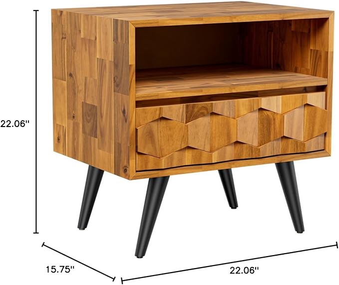 Bme Georgina Solid Wood Nightstand With 1 Drawer & Open Shelf- Fully Assembled Mid Century Modern Side Table - Geometric Pattern Bedside Dresser for Bedroom and Living Room-Ruum Studio Home