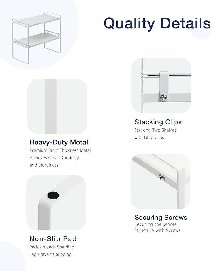 Nxconsu 2Pack Cabinet Shelves Stackable Shelf Organizer Rack Riser for Kitchen Cabinet Pantry Cupboard Counter Countertop Home Organization Storage Space Saver Heavy Duty Metal Nonslip White-Ruum Studio Home