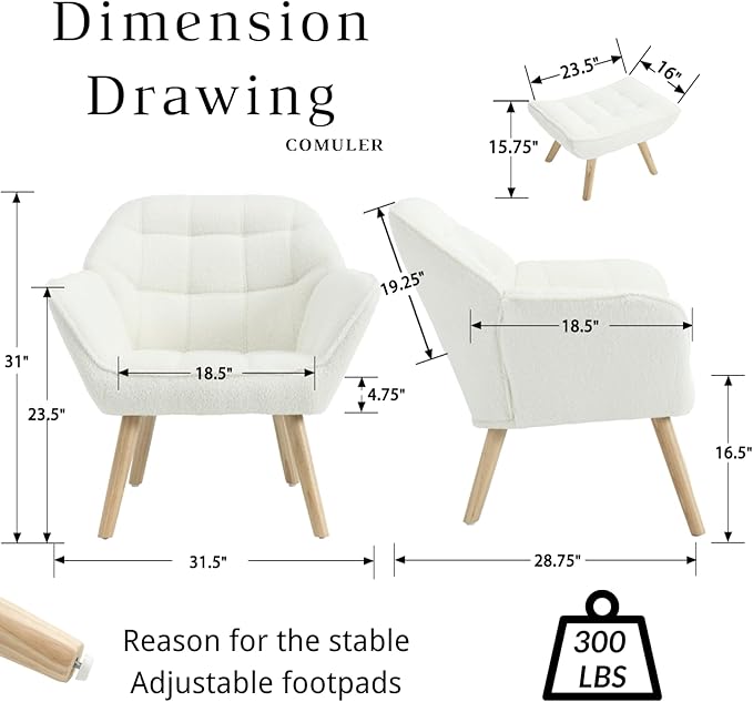 White Sherpa Accent Chair with Ottoman ，Modern Reading Chair with Ottoman Set, Comfy Fuzzy Armchair Living Room Chair Lounge Chair with Wood Legs for Small Spaces Bedroom Apartment-Ruum Studio Home