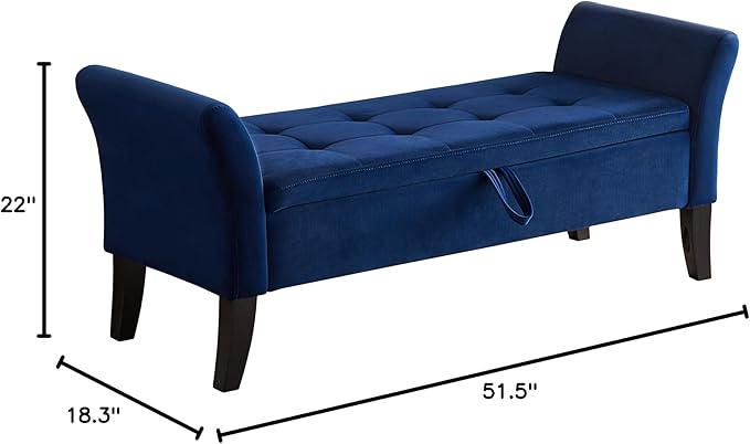 Furniliving Storage Ottoman Bench, Velvet Benches End of Bed Bench with Solid Wood Legs Upholstered Ottoman Bench with Storage Indoor Bench for Living Room with Rolled Arm, Entryway, NavyBlue-Ruum Studio Home