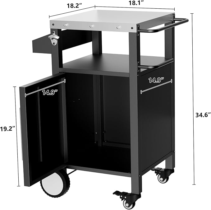 KEIKI Outdoor Grill Cart with Storage and Wheels, Rolling BBQ Prep Table with Spice Rack, Hooks, and Side Handles, Black Metal Bar Cart for Patio Kitchen and Grilling Accessories-Ruum Studio Home