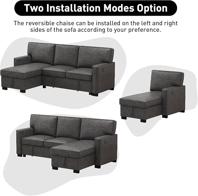 EBELLO Convertible Sleeper Sofa 3 in 1, Faux Leather Modern L-Shaped Couches for Living Room, Pull Out Sectional Futon Sofa Bed with Storage Space, USB Ports and Cup Holders for Bedroom-Ruum Studio Home