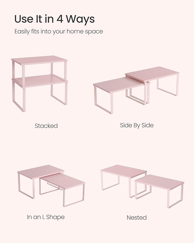 SONGMICS Cabinet Organizer Shelf, Set of 2 Kitchen Counter Shelves, Kitchen Storage, Spice Rack, Stackable, Expandable, Metal and Engineered Wood, Jelly Pink UKCS020S01-Ruum Studio Home