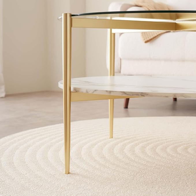 Round Coffee Table for Living Room, Mid-Century Modern Design, D30 x H17, 2-Tier Structure, Clear Glass Top and White Marble Finish Wood Shelf, Sleek Conical Metal Legs with Gold Finish Frame-Ruum Studio Home