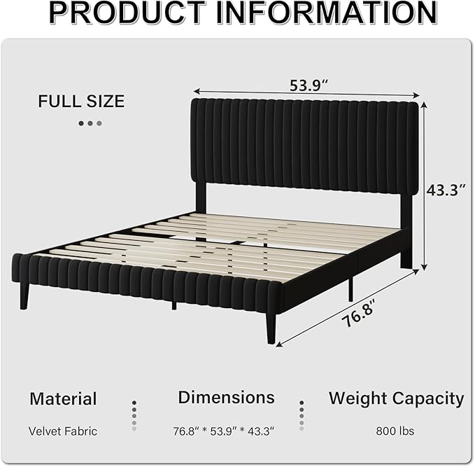 Full Size Bed Frame, Velvet Upholstered Platform Bed with Vertical Channel Tufted Headboard and Footboard, No Box Spring Required, Easy Assembly, Black-Ruum Studio Home