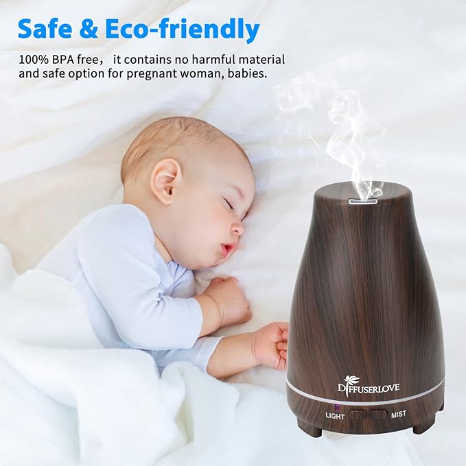 Diffuserlove Essential Oil Diffusers 200ML, Remote Control Aromatherapy Diffuser with 7 Color Lights, Auto Shut-Off for Bedroom Office Kitchen (Black Wood Grain)-Ruum Studio Home