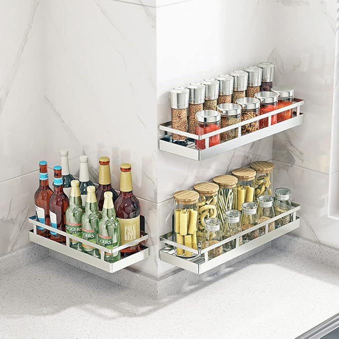 Spice Rack Organizer, SUS304 Stainless steel Wall Mount Spice Rack Storage Basket - Seasoning Container, Kitchen Spice Organizer -Kitchen Seasoning Hanging Rack - Bathroom Shelf (Silver)-Ruum Studio Home