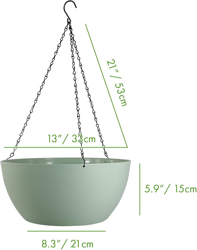 13 inch Large Hanging Planters Plant Pots for Outdoor Indoor Plants with Drainage Holes and Chain, 2 Pack Round Hanging Flower Pots for Garden Home Porch Decor, Green-Ruum Studio Home
