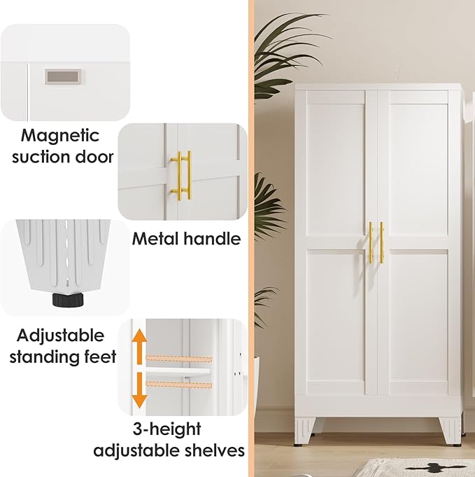 51" Kitchen Pantry Cabinet, Metal Storage Cabinet with 3 Adjustable Layer Shelves, 8 Door Shelves, Buffet Sideboard for Living Room, Kitchen, White-Ruum Studio Home