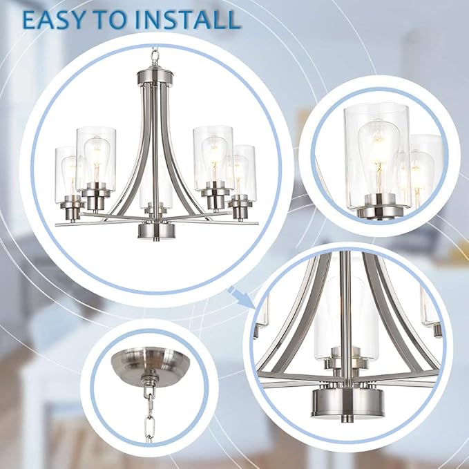 BONLICHT Traditional Chandelier Lighting 5 Light Brushed Nickel Modern Light Fixtures Hanging Pendant Lighting with Clear Glass Shade Classic Ceiling Lights for Kitchen Dining Room Living Room Island-Ruum Studio Home