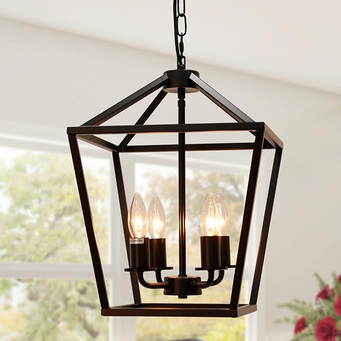 4-Light Lantern Pendant Light,Modern Industrial Black Cage Farmhouse Chandelier for Kitchen Island,12'' Rustic Metal Hanging Lighting Fixture for Dining Room Bedroom Foyer Entry Porch-Ruum Studio Home