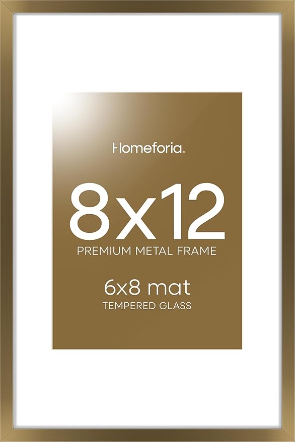 Homeforia 8x12 Picture Frame Bronze, High End Metal 8 x 12 Brass Frames with Mat 6 by 8 for Photo, 12x8 Frame Matted to 6x8 inch Print, 8by12 Wall or Tabletop Frame, Tempered Glass, Wall Kit, Set of 1-Ruum Studio Home
